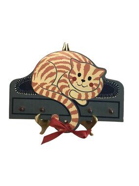 Cat-Themed Wooden Wall Hanging Key Holder With Brass Hooks & Painted Design
